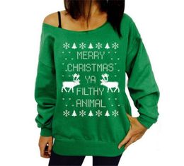 10 stks Womens Christmas Letter Animal Print Shirts Hoodies Sweatshirt Off Shoulder Pullover Party Tops Blouse M250