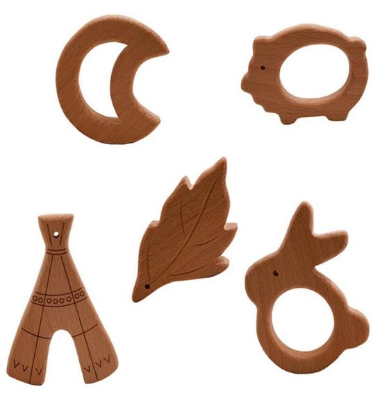 10pcslot baby chew jouets en bois teether hêtre forme d'animal de dentition pour accessoires nouveau-nés bricolage pendant