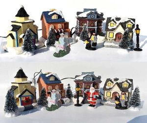 10PCSSet Christmas Santa Claus Snow House Tiny Scene Sets Luminous Led Light Up Xmas Tree Shop Village Decorations Figurines H1021388542