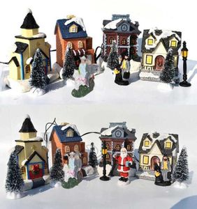 10PCSSet Christmas Santa Claus Snow House Tiny Scene Sets Luminous Led Light Up Kerstmis Tree Shop Village Decoraties Figurines H1023642984