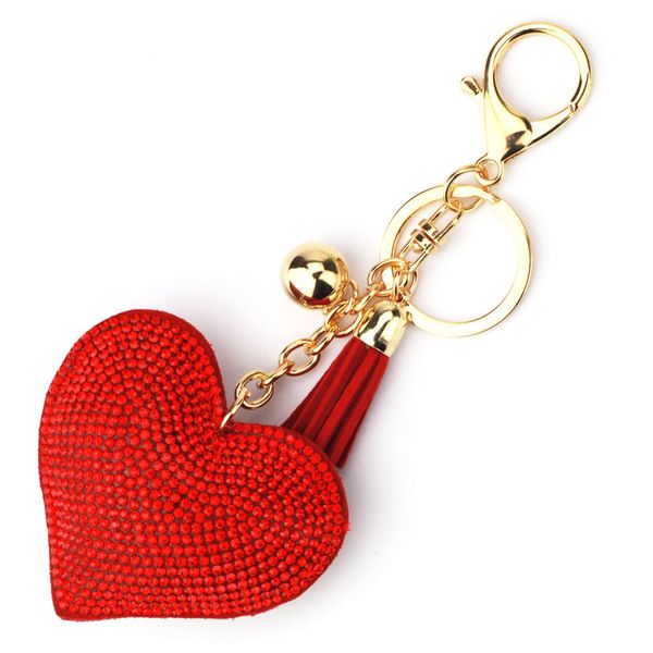 10 pièces/lot porte-clés en forme de coeur en cuir gland porte-clés métal cristal porte-clés porte-clés fille strass breloque sac voiture pendentif bijoux Gi