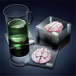 10 stuks / set 3D orgaan Brain Specimen Coasters Set Drankjes Tafel Coaster Suite Square Acryl Glas Dronken Wetenschappers Gift 211105