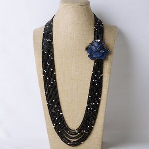 10 brins pierre noire blanc collier de perles d'eau douce micro incrustation zircon fleurs bleues accessoire 80-90cm bijoux de mode