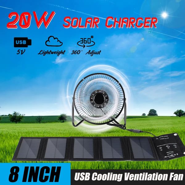 Cargador de energía solar con panel solar mono plegable USB de 10W y 5V con ventilador de refrigeración de 8 pulgadas para acampar y caminar