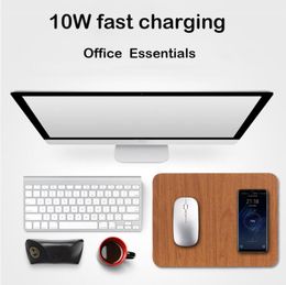 10W Draadloze oplader voor iPhone 12 Samsung Fast Charging USB PU + houten muis / muizen Pad voor PC Laptop 30x22cm
