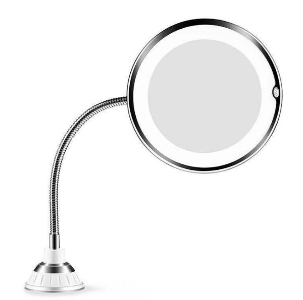 Miroir de maquillage grossissant 10X, ventouse LED avec col de cygne, tuyau métallique allongé, miroir Flexible à Rotation de 360 degrés