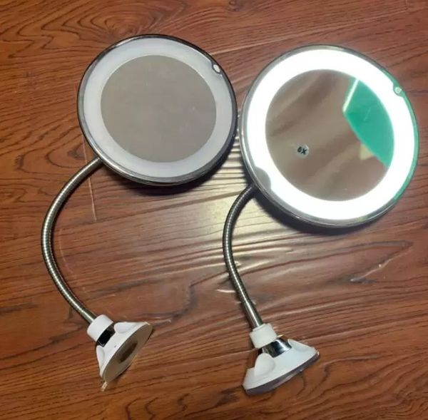 Miroir de maquillage à grossissement 10X, ventouse LED avec col de cygne, tuyau métallique allongé, miroir Flexible à Rotation de 360 degrés