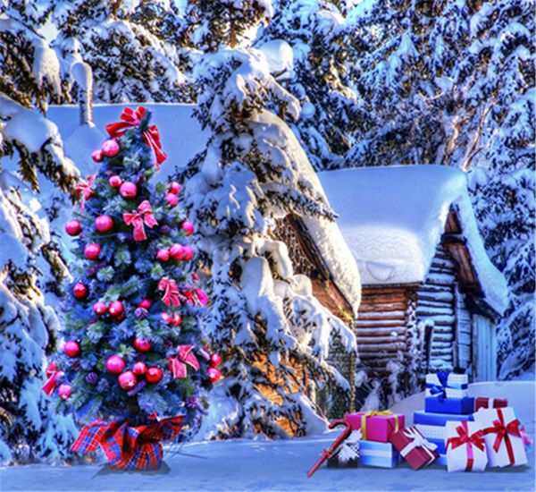 Hiver neige scénique photographie arrière-plans imprimés coffrets cadeaux arbre de noël village chalet fête de famille photomaton toile de fond 10x10ft