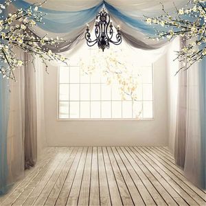 10x10ft Sunshine Treillis Fenêtre Fleurs Blanches Romantique Mariage Photo Décors Rideau Drapé Personnalisé Photographie Studio Fond Plancher De Bois