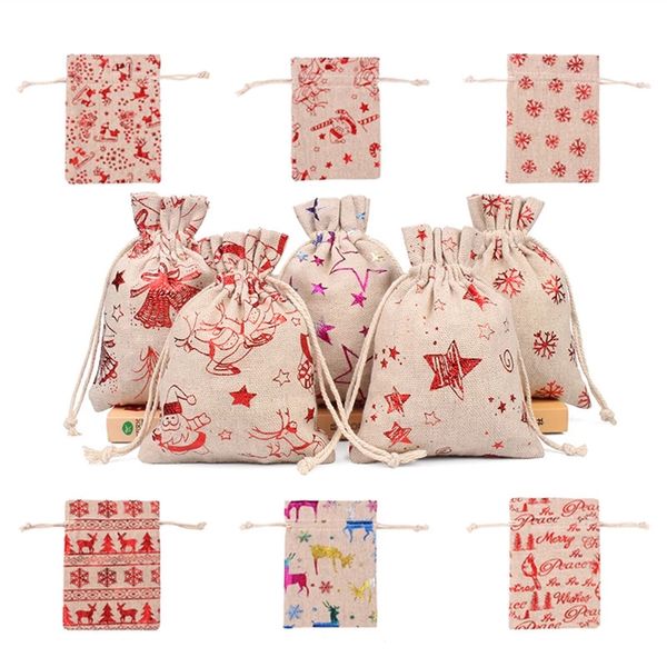 Bolsa de regalo de Navidad de arpillera de 10x14, 13x18cm, bolsas de embalaje para joyería, decoración para fiesta de boda, bolsas dibujables, bolsitas