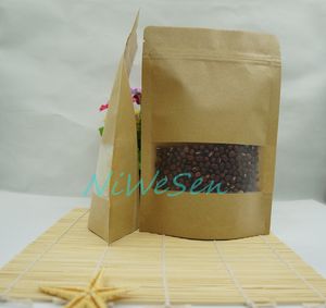10x15cm, 100 stks / partij X Stand-up Kraftpapier Ziplock Bag met Mat Clear Venster-Resealable Rits Pack Cookie / Cup Cake Stofdichte Sack