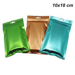 10x18cm Feuille d'aluminium colorée Fermeture à glissière transparente Sacs d'emballage réutilisables pour aliments secs Suspendus Mylar Foil Refermable Pochette de stockage des aliments