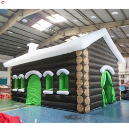 10x5m 32.8x16.4ft Porte gratuite Activités de plein air Décoration de Noël commerciale Maison de Noël gonflable avec grotte du Père Noël avec tentes imprimées en bois à vendre