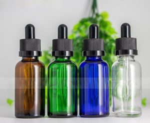 10Z Dropper30ml Dropperfles Glas Amber Clear Blue Green Essential Oil Container met Black CR Childproof Deksels