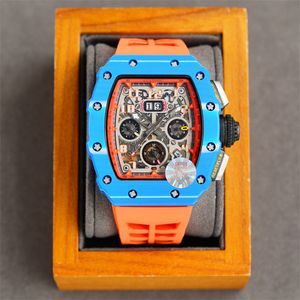 11-03 Montre de Luxe Mens Horloges 50x40mm Multifunctionele Automatische Mechanische Beweging Koolstofvezel Case Geïmporteerde Rubber Horlogeband Luxe Horloge Horloges