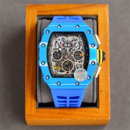 11-04 Montre DE Luxe relojes para hombre 50X40 mm movimiento mecánico automático multifuncional caja de fibra de carbono correa de reloj de caucho importada Relojes de pulsera
