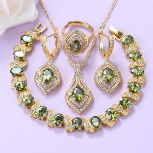 11,11 venta verde oliva Cubic Zirconia conjuntos de joyas chapadas en oro africano para mujeres conjuntos de collar y pulsera H1022