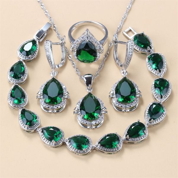 11.11 vente goutte d'eau 925 Mark ensembles de bijoux avec zircon cubique vert costume de mariée collier et boucles d'oreilles pour les femmes mariage 220726