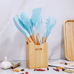 11/12/13 stks-keukengerei set-siliconen kookgerei non-stick keukengerei spatula lepels houten keuken tool set / blauw 201223