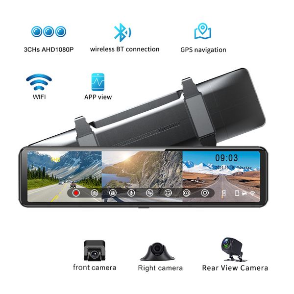 11,26 pouces voiture DVR 3 caméras HD 1080P voiture Dash Cam S33 rétroviseur enregistreur vidéo sans fil BT connexion 2.5K enregistrement DVR