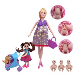 11 5 5 Mode Zwangere Barbies Pop Moeder en Kind Combinatie Trolley Puppy Kinderen Speelgoed Accessoires 4 Kleine Dolls194B