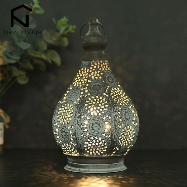 11,5 pouces style marocain bougeoir lanterne table en métal lampe à piles avec ampoule edison pour jardin décor à la maison 220804