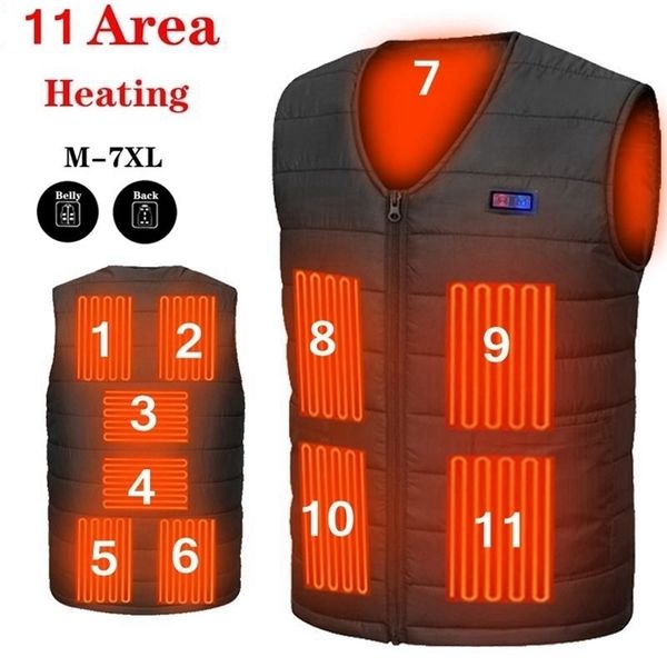 11 Zone Chauffage Gilet Hommes / Femmes Casual Col V USB Chauffé Smart Control Température Veste Coton Manteau Chasse D'hiver 210925