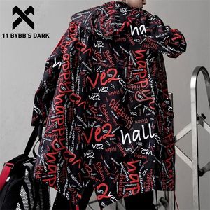 11 BYBB'S DARK Extra Long Jacket Trench Hombres Full Letter Print Harajuku Windbreaker Nightclub Abrigo Hombre Casual Outwear KJ166 201119