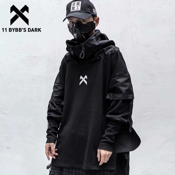 11 BYBB'S Dark Japonais Streetwear Homme Sweats à capuche Hip Hop Pull brodé Patchwork Faux Deux Darkwear Tops Techwear Sweats à capuche 210715