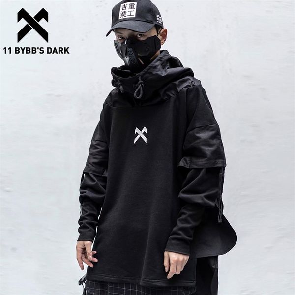 11 BYBB'S Dark Japonais Streetwear Homme Sweats à capuche Hip Hop Pull brodé Patchwork Faux Deux Darkwear Tops Techwear Sweats à capuche 210728