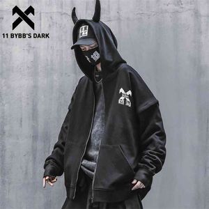 11 BYBB'S DARK Techwear Harajuku Sweats À Capuche Hommes Punk Devil Horns Pull Hip Hop Streetwear Cardigan Hoodies Noir 210819