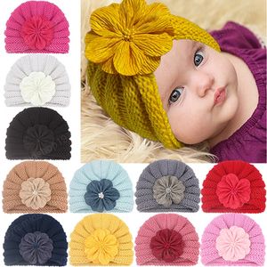 11 couleurs 16*13 CM mode fait à la main Crochet indien chapeaux bébé filles fleur élastique casquettes tricoté laine Bonnet accessoires pour bébés