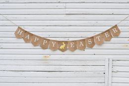 11 Vlaggen Happy Pasen Bunny Gedrukt Bunting Banners Hessian Jute Pasen Hanging Hanger Vlaggen Decorating Accessoires ZA5932