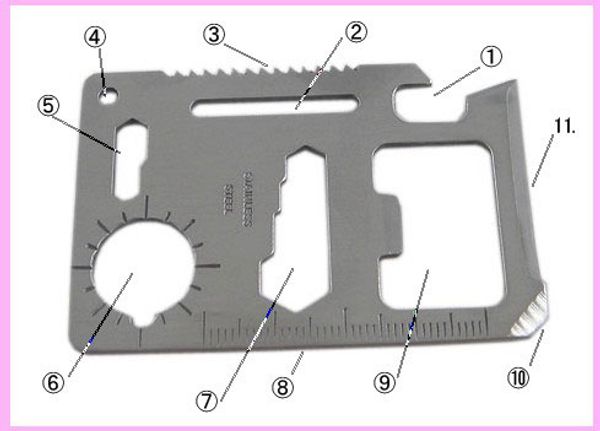 11 en 1 Gadgets al aire libre multifunción Card Knife Supervivencia al aire libre Herramienta práctica Tarjetas Saberl Multipurpose con vaina de cuero