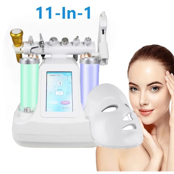 11 en 1 Oxygen Jet Peel Hydrodermabrasion Microdermabrasion Machine H2O2 Petite Bulle Ultrasonique Bio Radio Fréquence Instrument Ceinture LED Masque Facial Vente