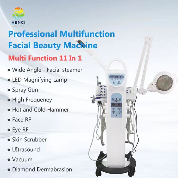 Épurateur à vapeur chaude 11 en 1, lampe loupe, spatule ultrasonique pour la peau, nettoyage du visage, Peeling, machine de Lifting du visage