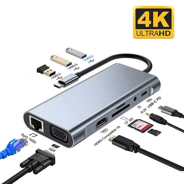 11 In 1 USB C Hub Splitter à USB3.0 HDTV RJ45 Adaptateur Jack 3,5 mm Type C Hubs VGA Carte Reader plusieurs ports Dock Station pour MacBook Notebook ordinateur portable