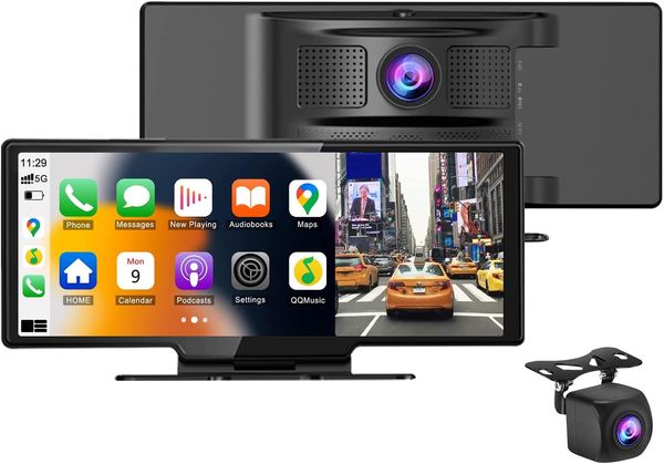 Monitor Carplay de 11 pulgadas, cámara de salpicadero DVR para coche, Android, enlace de espejo automático, lente Dual, grabadora de vídeo de 1080P, conexión WiFi, navegación GPS