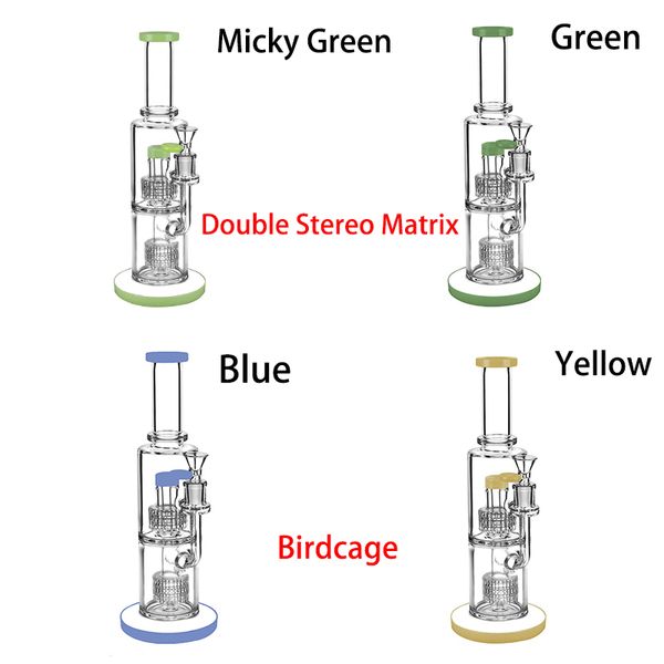 Cachimbas de 11 pulgadas Percolador de matriz estéreo doble Bongs de vidrio grueso Tuberías de agua de jaula de pájaros Verde Azul Amarillo Lechoso Verde Aceite Dab Rigs 14 mm Junta hembra con tazón