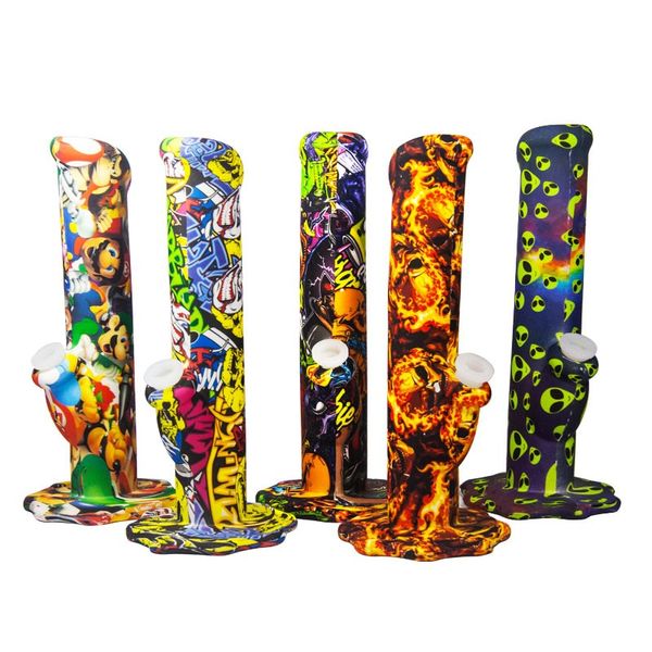 11 pulgadas Bongs de silicona Impresión de dibujos animados Hookah Dab Rigs Pepinos Bong con recipiente de vidrio Tubería de agua Multi color DHL gratis