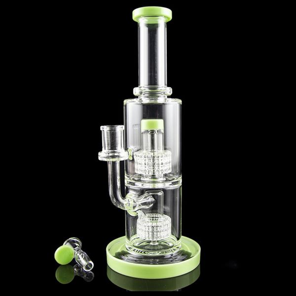 11 pulgadas Cachimbas rectas Protección contra salpicaduras Cúpulas Estéreo Perc Glass Bong Doble matriz doble Percolador Grasa Lata Tuberías de agua 14 mm Aceite Dab Rigs