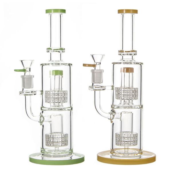 Cachimbas de 11 pulgadas Percolador de matriz estéreo doble Bongs de vidrio grueso Birdcage Perc Tuberías de agua Verde Azul Amarillo Plataformas petroleras 14 mm Plataforma Dab con tazón