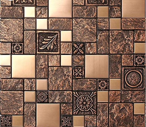 11 pièces de carreaux muraux antiques, mélange de cuivre, d'acier inoxydable et de résine, carreaux de mosaïque au design de finition rocheuse 3D, parfaits pour le dosseret de cuisine, la douche et l'accent de salle de bain