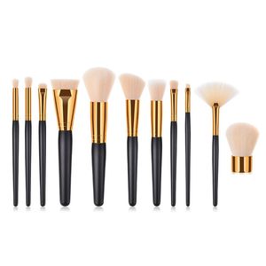 11 PCS / Set Classique Noir / Or Pinceaux De Maquillage Set Fondation Surligneur Fard À Paupières Blush Concealer Maquillage Brosse Poignée En Bois Cosmétique Outil