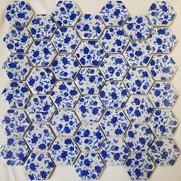 Carreaux de mosaïque en céramique hexagonale bleue de chine, 11 feuilles, fabrication de mosaïque artistique pour loisirs créatifs, carrelage de décoration murale et de sol pour la maison