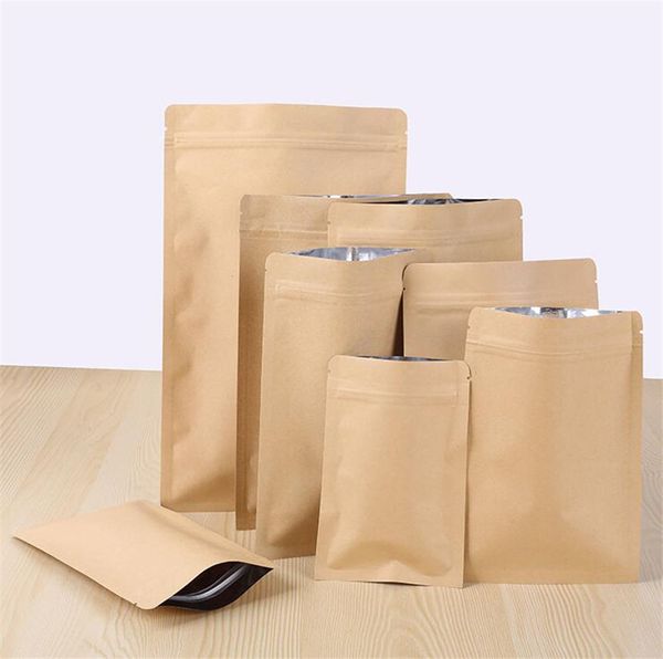 11 tailles Sac à fermeture à glissière Brown Brown Kraft Stand Up Kraft Papier Aluminium Feuille d'aluminium Sac à glissière refermable Sac à glissière