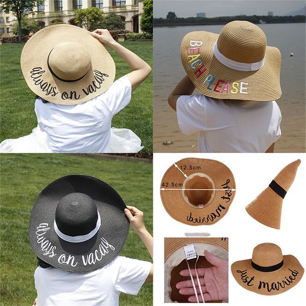 11 estilo Gorra de bordado de letras caliente Ala grande Señoras Sombrero de Paja de verano sombreros juveniles para mujeres Sombreros de sol de sombra Venta de sombreros de playa dc295