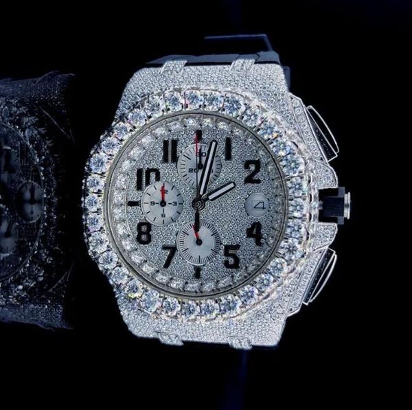 11 estilos Moissanite Diamond Watch relojes helados PASS diamantes PRUEBA oro blanco Caja plateada Dial Cronógrafo automático ETA de alta calidad Relojes de pulsera para hombre
