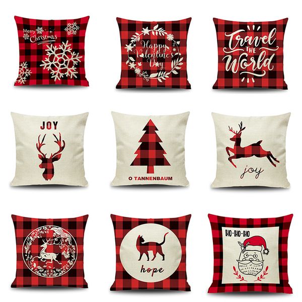 11 Styles Imprimé Liene Taie d'oreiller Carreaux Rouges Flocon De Neige Joyeux Noël Impression Père Noël Lettres XMS Arbres Elk Camions Housse De Coussin Taie D'oreiller 18 Pouces