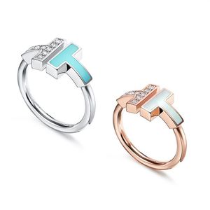 11 TF925 couple de style anniversaire double T anneau émail bleu bagues de fiançailles pour les femmes mode noblesse avec pierre wrie ring312P